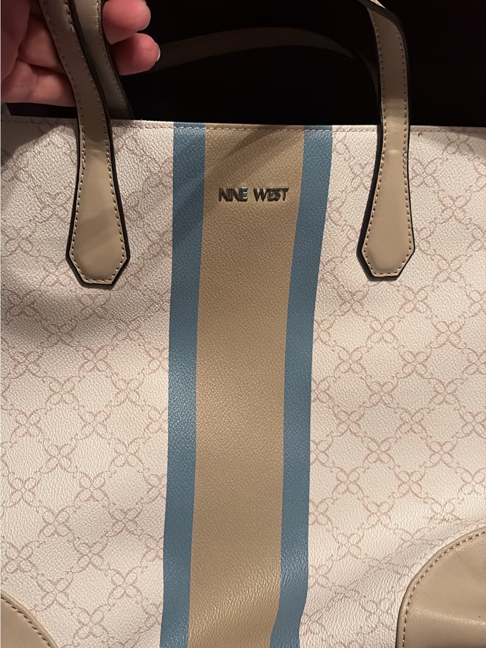 Nine West Cream Tote with Blue and Tan Center Stripes